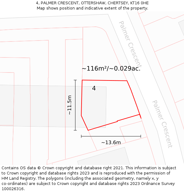 4, PALMER CRESCENT, OTTERSHAW, CHERTSEY, KT16 0HE: Plot and title map