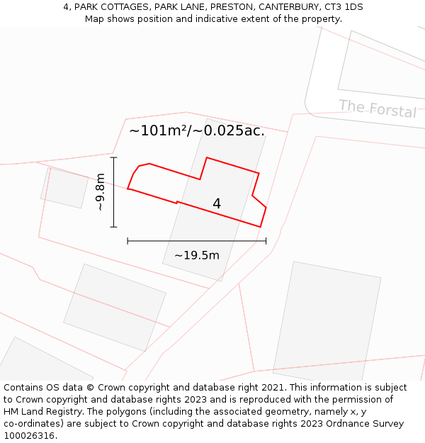 4, PARK COTTAGES, PARK LANE, PRESTON, CANTERBURY, CT3 1DS: Plot and title map