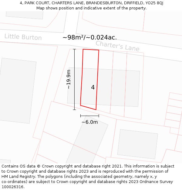 4, PARK COURT, CHARTERS LANE, BRANDESBURTON, DRIFFIELD, YO25 8QJ: Plot and title map