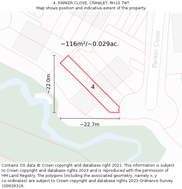 4, PARKER CLOSE, CRAWLEY, RH10 7WT: Plot and title map