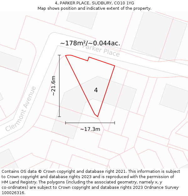 4, PARKER PLACE, SUDBURY, CO10 1YG: Plot and title map