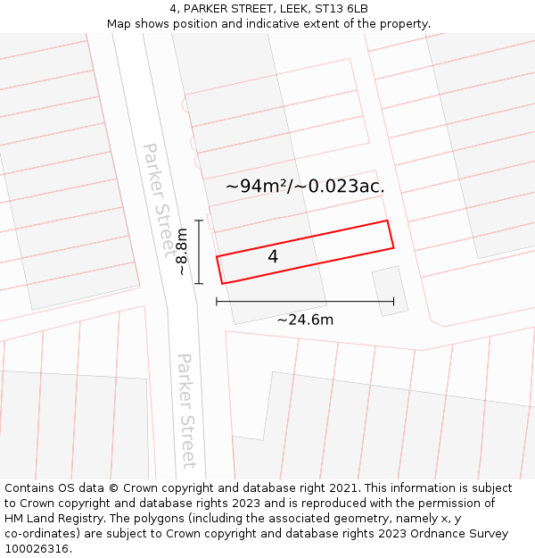 4, PARKER STREET, LEEK, ST13 6LB: Plot and title map