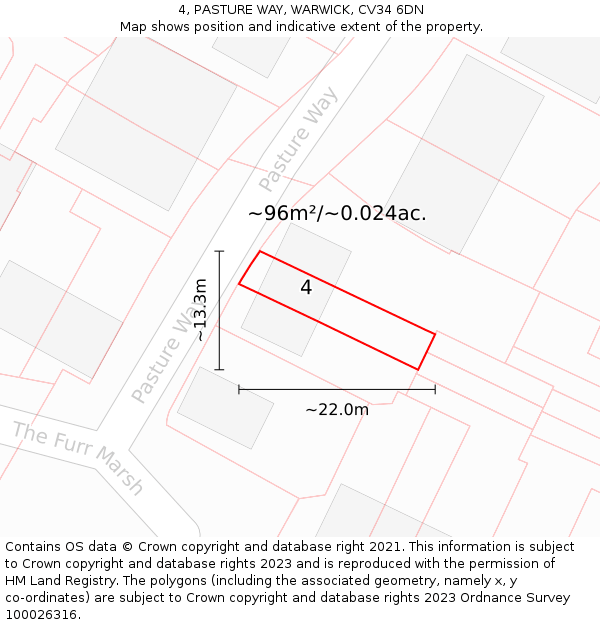 4, PASTURE WAY, WARWICK, CV34 6DN: Plot and title map