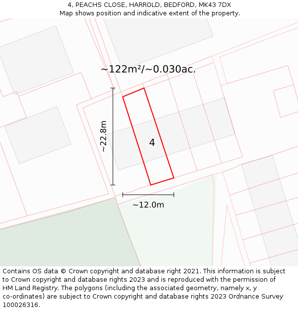4, PEACHS CLOSE, HARROLD, BEDFORD, MK43 7DX: Plot and title map