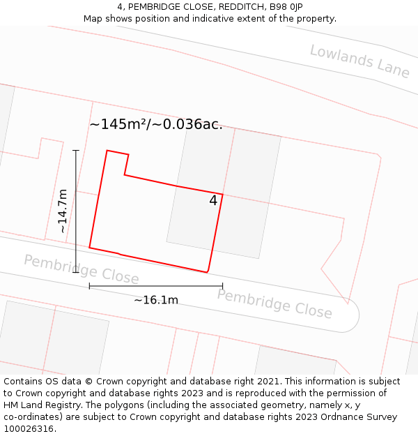 4, PEMBRIDGE CLOSE, REDDITCH, B98 0JP: Plot and title map