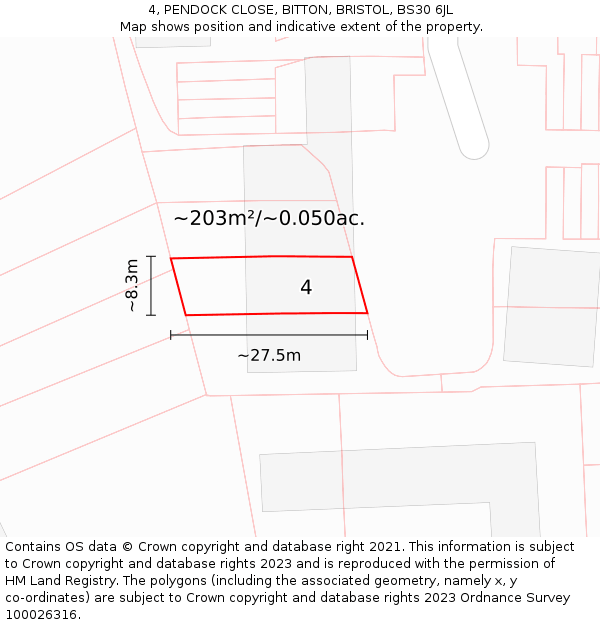 4, PENDOCK CLOSE, BITTON, BRISTOL, BS30 6JL: Plot and title map