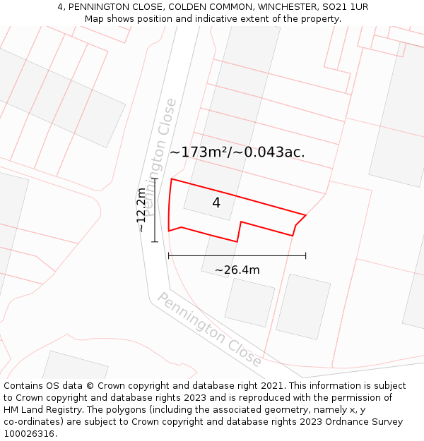 4, PENNINGTON CLOSE, COLDEN COMMON, WINCHESTER, SO21 1UR: Plot and title map