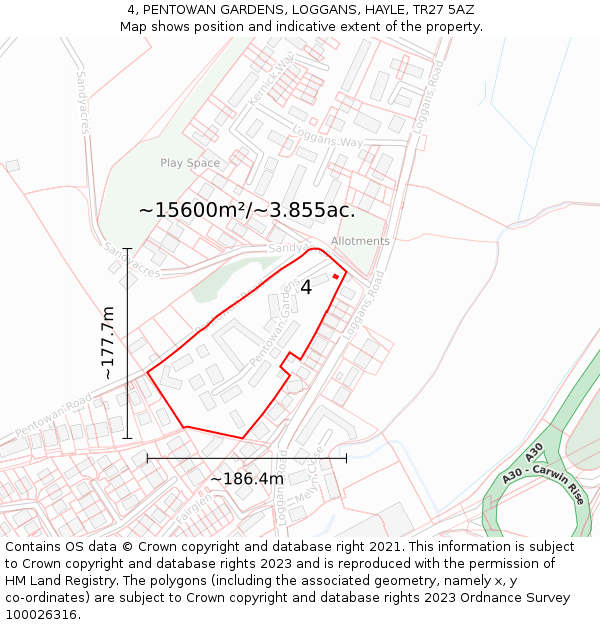 4, PENTOWAN GARDENS, LOGGANS, HAYLE, TR27 5AZ: Plot and title map