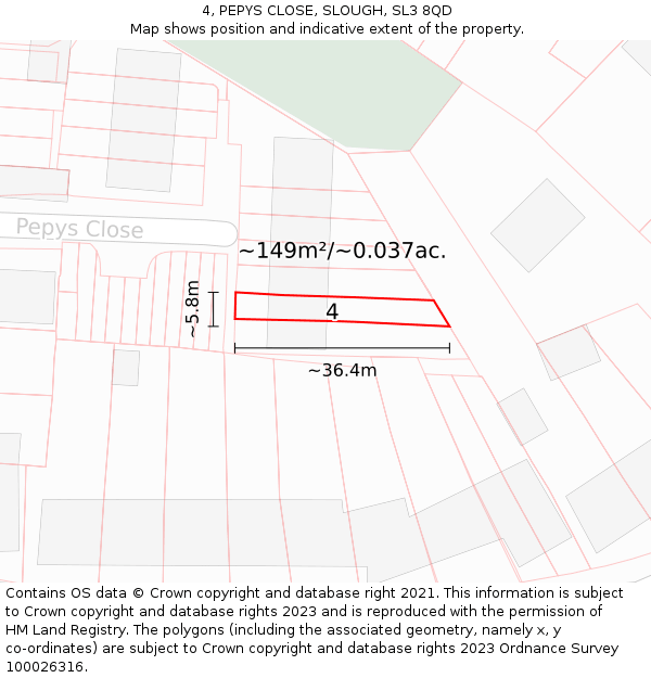 4, PEPYS CLOSE, SLOUGH, SL3 8QD: Plot and title map