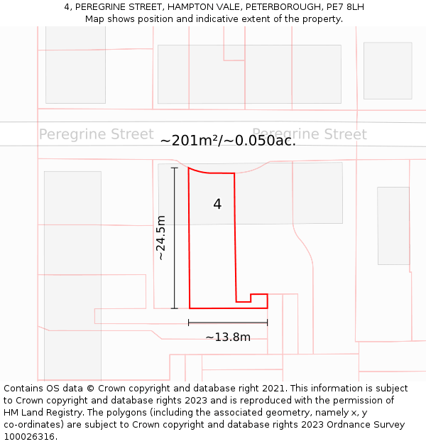 4, PEREGRINE STREET, HAMPTON VALE, PETERBOROUGH, PE7 8LH: Plot and title map