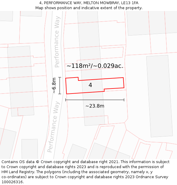 4, PERFORMANCE WAY, MELTON MOWBRAY, LE13 1FA: Plot and title map