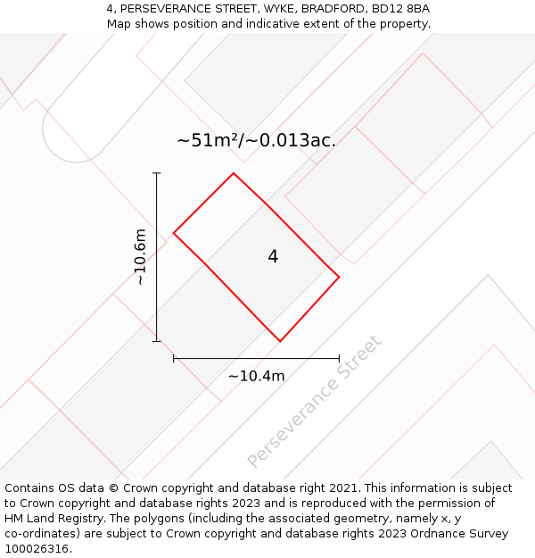 4, PERSEVERANCE STREET, WYKE, BRADFORD, BD12 8BA: Plot and title map