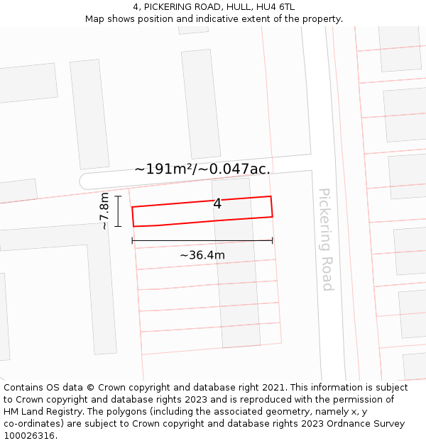 4, PICKERING ROAD, HULL, HU4 6TL: Plot and title map