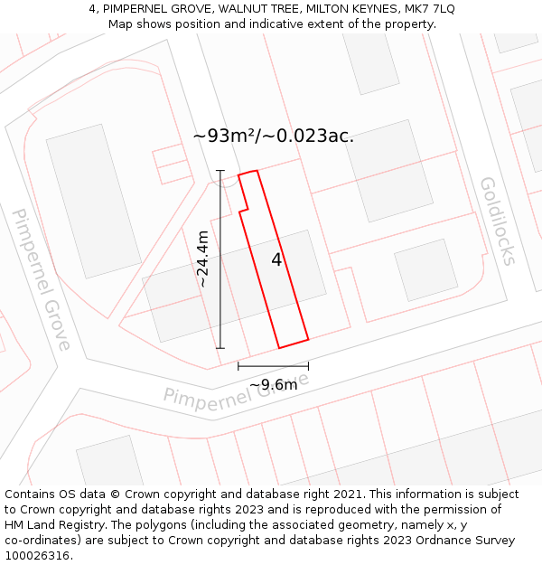 4, PIMPERNEL GROVE, WALNUT TREE, MILTON KEYNES, MK7 7LQ: Plot and title map