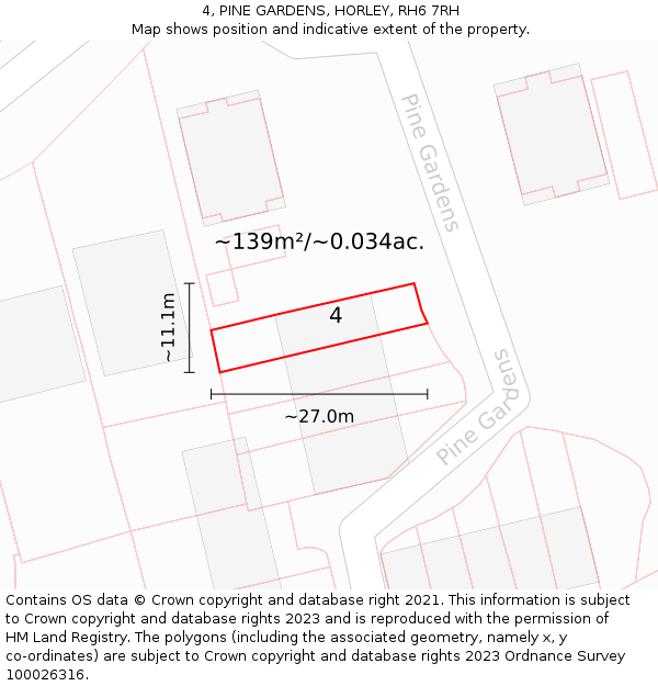 4, PINE GARDENS, HORLEY, RH6 7RH: Plot and title map