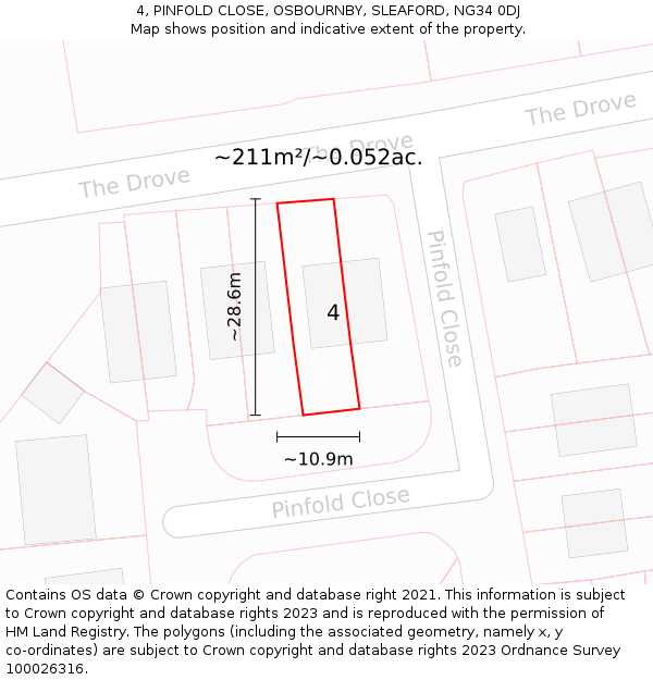4, PINFOLD CLOSE, OSBOURNBY, SLEAFORD, NG34 0DJ: Plot and title map