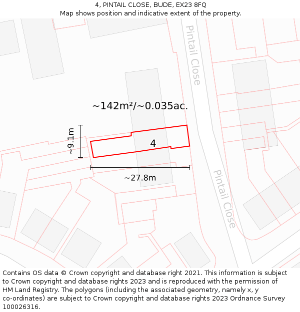 4, PINTAIL CLOSE, BUDE, EX23 8FQ: Plot and title map