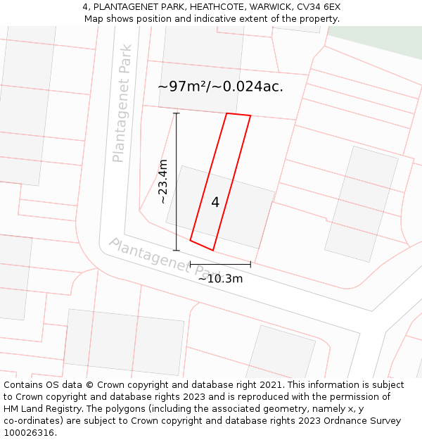 4, PLANTAGENET PARK, HEATHCOTE, WARWICK, CV34 6EX: Plot and title map