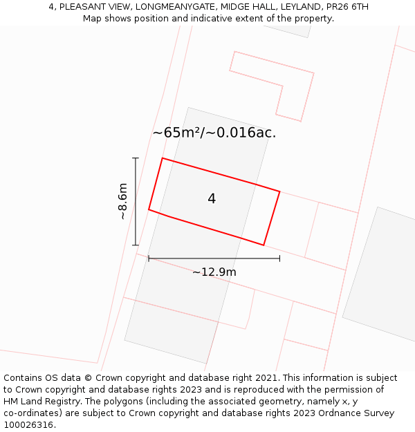 4, PLEASANT VIEW, LONGMEANYGATE, MIDGE HALL, LEYLAND, PR26 6TH: Plot and title map