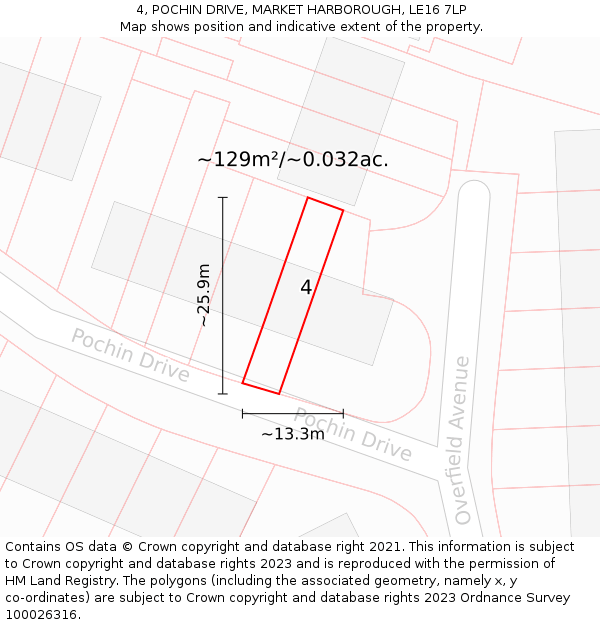 4, POCHIN DRIVE, MARKET HARBOROUGH, LE16 7LP: Plot and title map