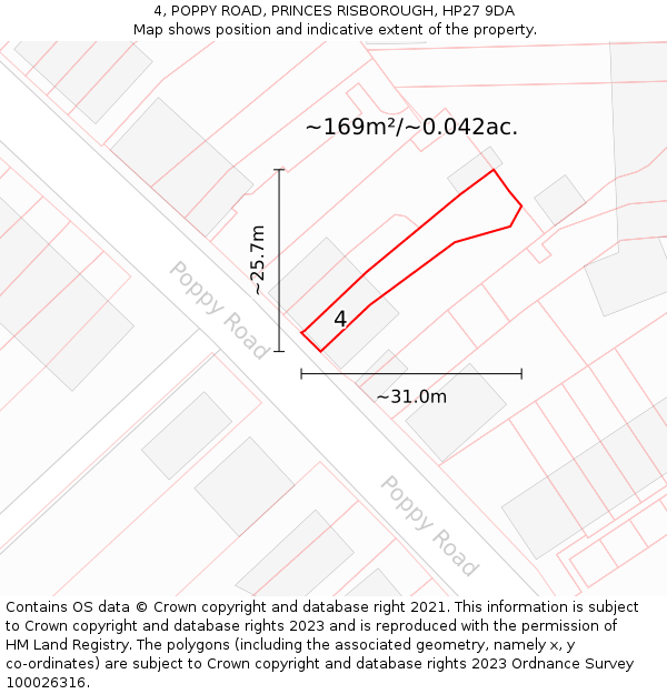 4, POPPY ROAD, PRINCES RISBOROUGH, HP27 9DA: Plot and title map
