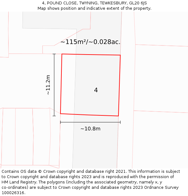 4, POUND CLOSE, TWYNING, TEWKESBURY, GL20 6JS: Plot and title map