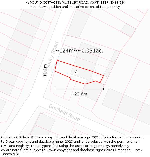 4, POUND COTTAGES, MUSBURY ROAD, AXMINSTER, EX13 5JN: Plot and title map
