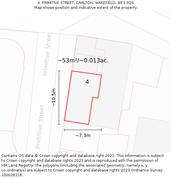 4, PRIMITIVE STREET, CARLTON, WAKEFIELD, WF3 3QS: Plot and title map