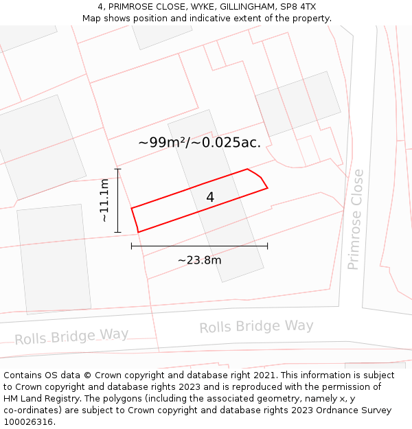 4, PRIMROSE CLOSE, WYKE, GILLINGHAM, SP8 4TX: Plot and title map