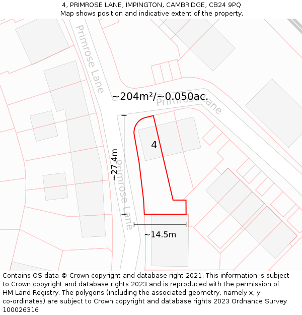 4, PRIMROSE LANE, IMPINGTON, CAMBRIDGE, CB24 9PQ: Plot and title map