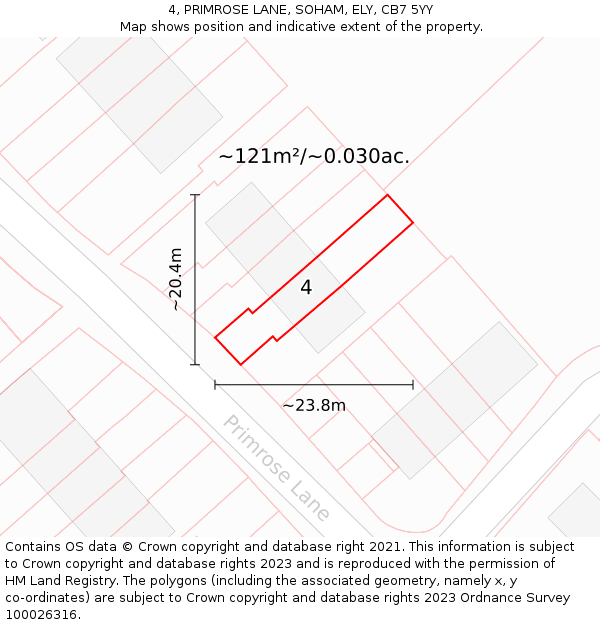 4, PRIMROSE LANE, SOHAM, ELY, CB7 5YY: Plot and title map