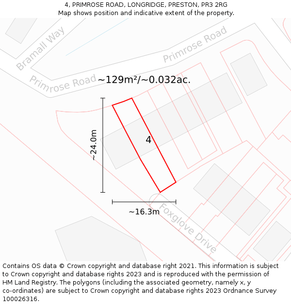 4, PRIMROSE ROAD, LONGRIDGE, PRESTON, PR3 2RG: Plot and title map
