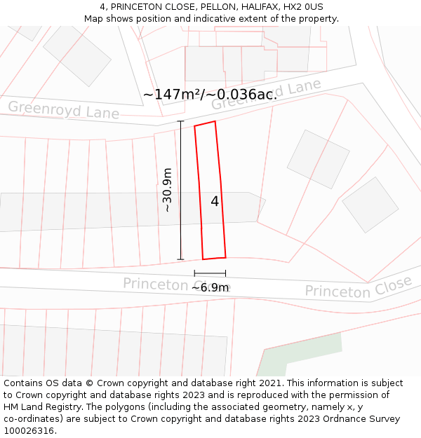 4, PRINCETON CLOSE, PELLON, HALIFAX, HX2 0US: Plot and title map