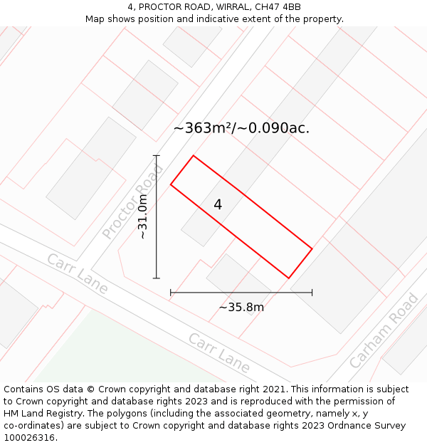 4, PROCTOR ROAD, WIRRAL, CH47 4BB: Plot and title map