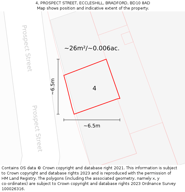 4, PROSPECT STREET, ECCLESHILL, BRADFORD, BD10 8AD: Plot and title map