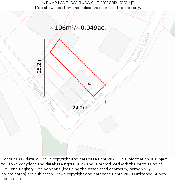 4, PUMP LANE, DANBURY, CHELMSFORD, CM3 4JP: Plot and title map