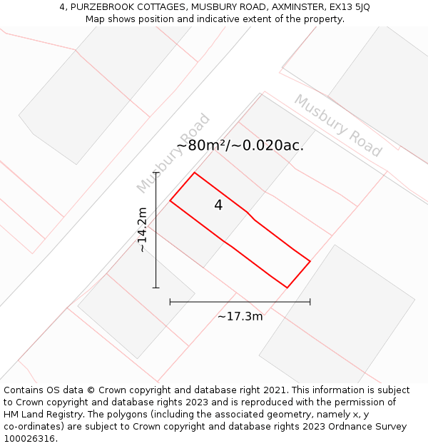 4, PURZEBROOK COTTAGES, MUSBURY ROAD, AXMINSTER, EX13 5JQ: Plot and title map