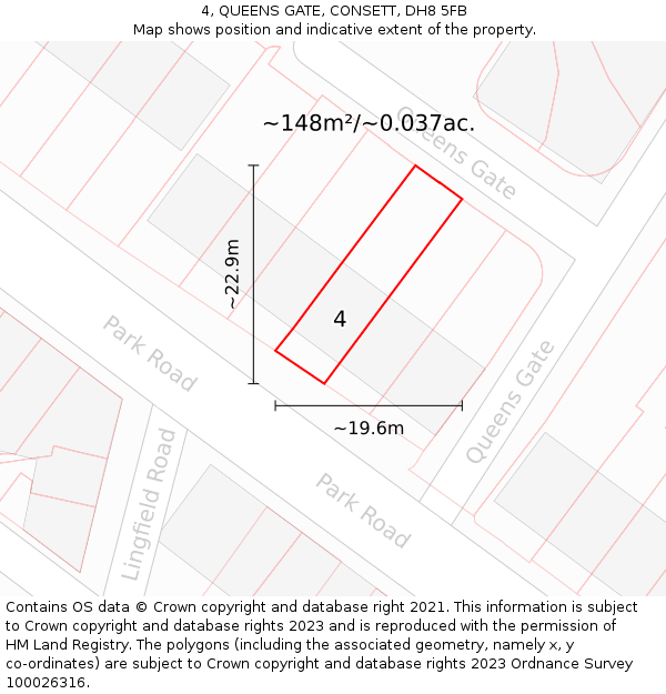 4, QUEENS GATE, CONSETT, DH8 5FB: Plot and title map