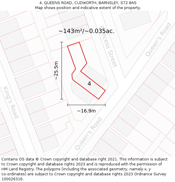4, QUEENS ROAD, CUDWORTH, BARNSLEY, S72 8AS: Plot and title map