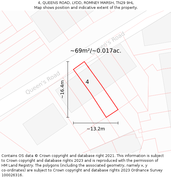 4, QUEENS ROAD, LYDD, ROMNEY MARSH, TN29 9HL: Plot and title map