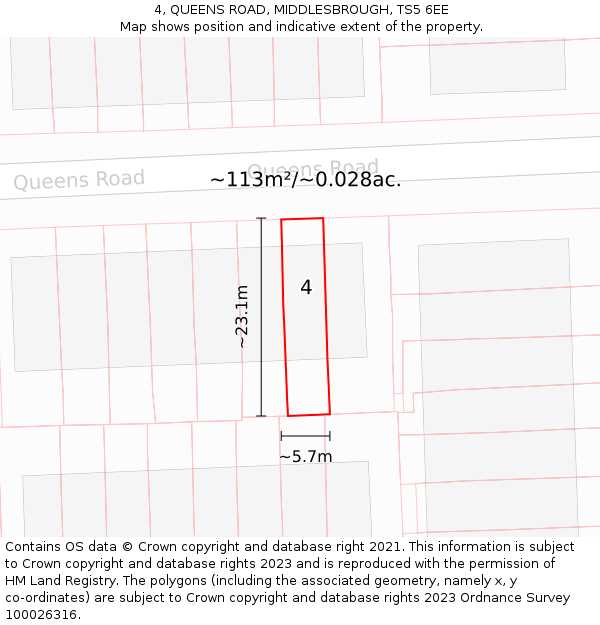 4, QUEENS ROAD, MIDDLESBROUGH, TS5 6EE: Plot and title map