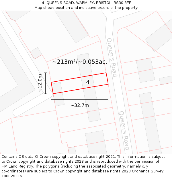 4, QUEENS ROAD, WARMLEY, BRISTOL, BS30 8EF: Plot and title map