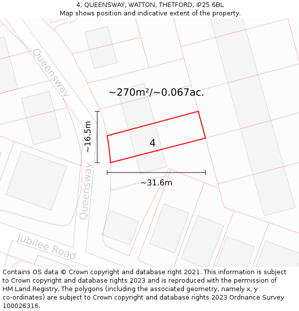 4, QUEENSWAY, WATTON, THETFORD, IP25 6BL: Plot and title map