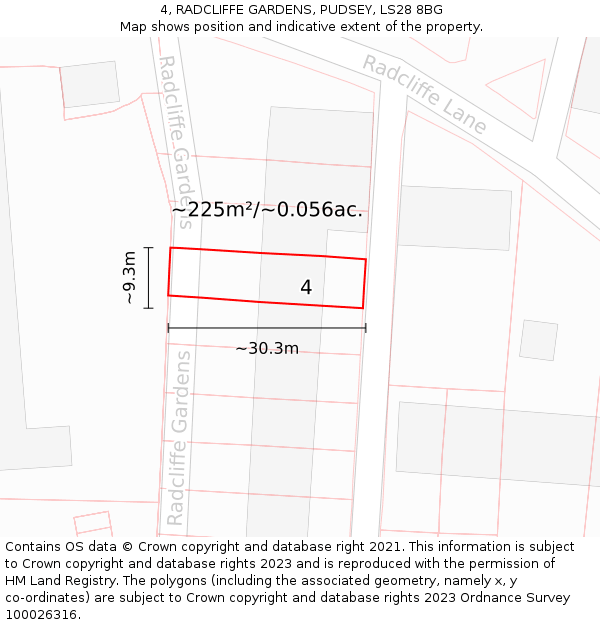 4, RADCLIFFE GARDENS, PUDSEY, LS28 8BG: Plot and title map