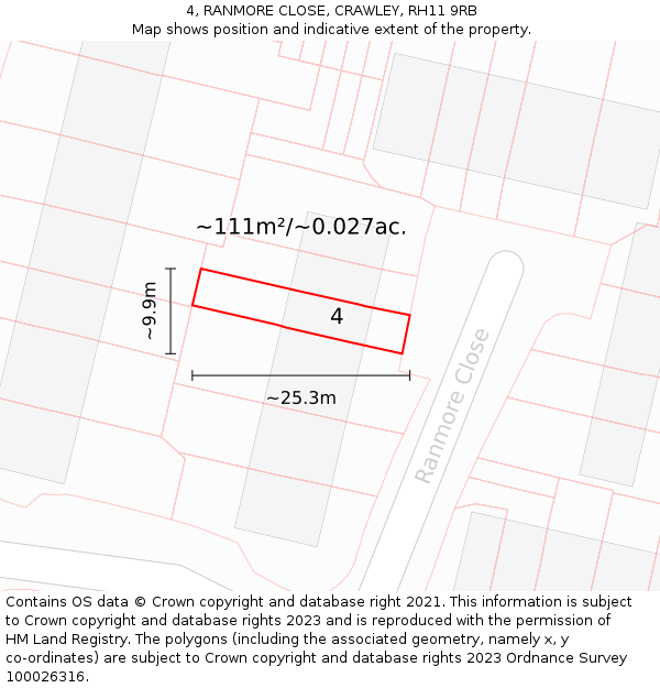 4, RANMORE CLOSE, CRAWLEY, RH11 9RB: Plot and title map