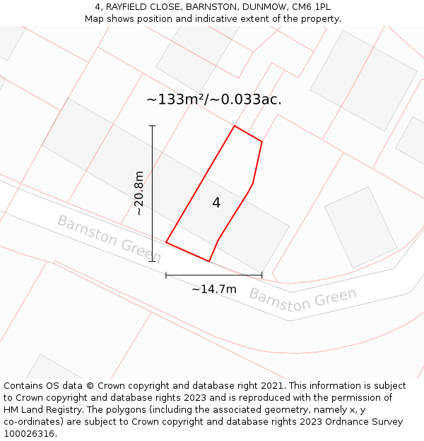 4, RAYFIELD CLOSE, BARNSTON, DUNMOW, CM6 1PL: Plot and title map