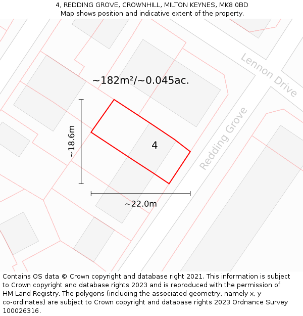 4, REDDING GROVE, CROWNHILL, MILTON KEYNES, MK8 0BD: Plot and title map