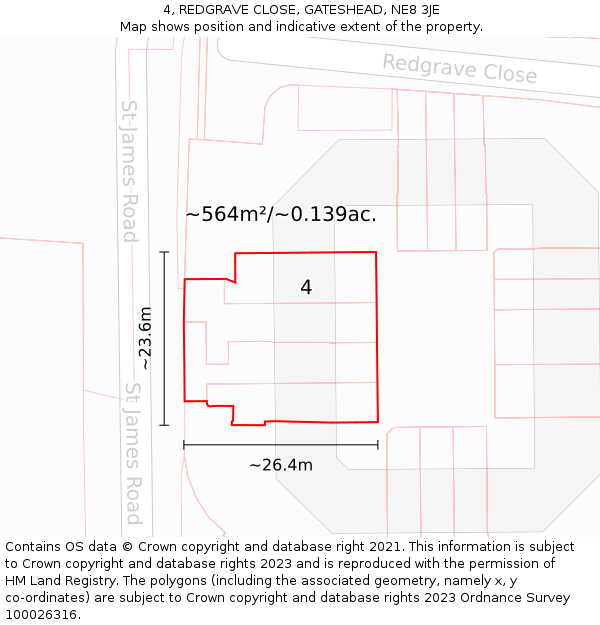 4, REDGRAVE CLOSE, GATESHEAD, NE8 3JE: Plot and title map