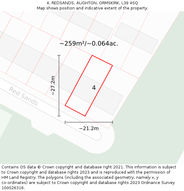 4, REDSANDS, AUGHTON, ORMSKIRK, L39 4SQ: Plot and title map