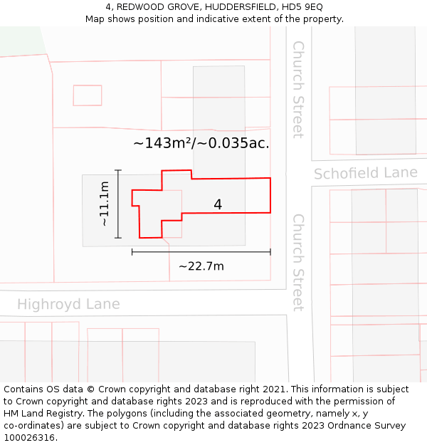 4, REDWOOD GROVE, HUDDERSFIELD, HD5 9EQ: Plot and title map